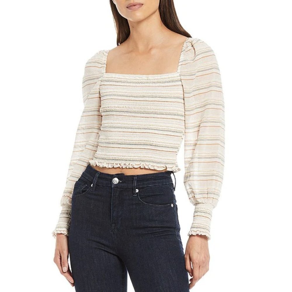 NWT Gianni Bini Angel Woven Striped Smocked Square Neck Long Puff Sleeve Top XL